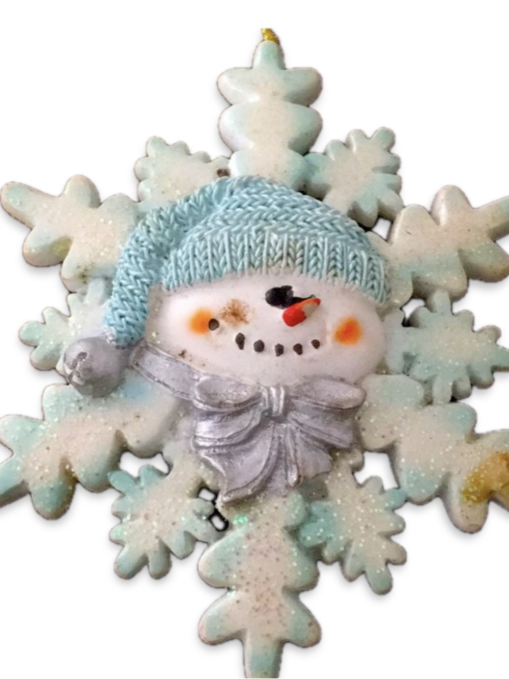 Vintage Stone Resin Snowman Snowflake Sparkly Christmas Tree Ornament 4" LikeNew